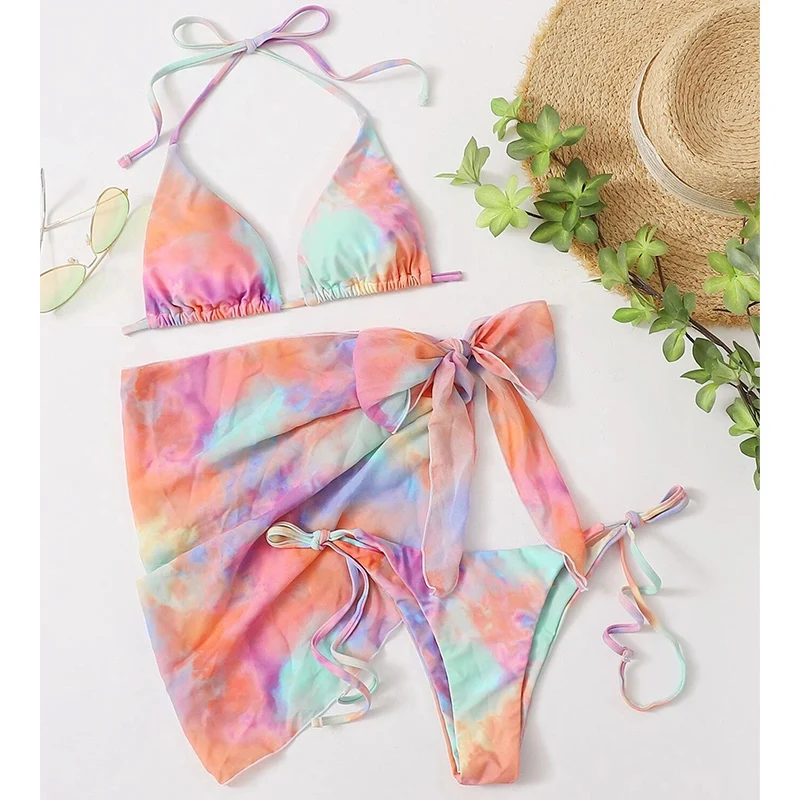 

Women String Bandage Mini Thong Beachwear Swimsuit 3 Piece Set Bikini 2021 Mujer New Tie Dye Triangle Push Up Swimwear