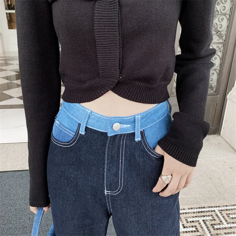 

Blue Patchwork Jeans High Waist Chic Plus Size 2020 Hot Sale Vintage Cowboy Straight Brief Stylish Denim Pants