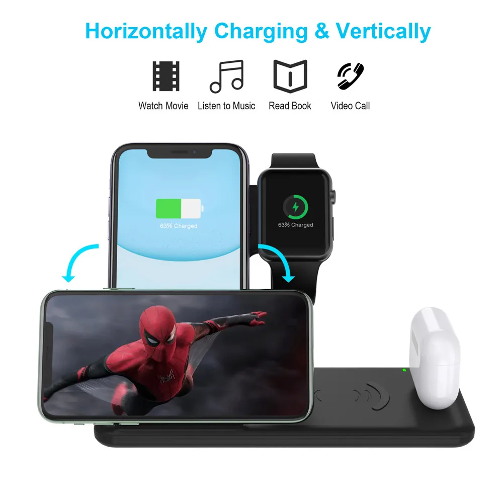 Беспроводная зарядная док станция Qi 15 Вт для iPhone 11 XS XR X 4 в 1 Apple Watch 6 5 Airpods