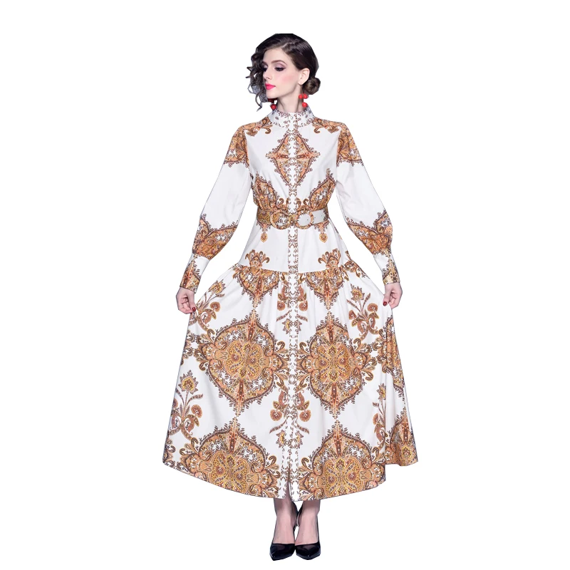 

2021 Autumn Vintage Print Long Dress Stand Collar Button Puff Sleeve Robe Femme Fashion Streetwear Maxi Dresses Arabic Clothes