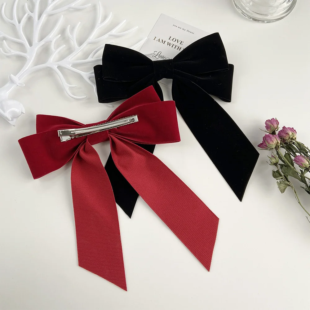 

Vintage Black Big Large Velvet Bow Hair Clip For Women Girls Wedding Long Ribbon Korean Hairpins Barrette Hair Accessories