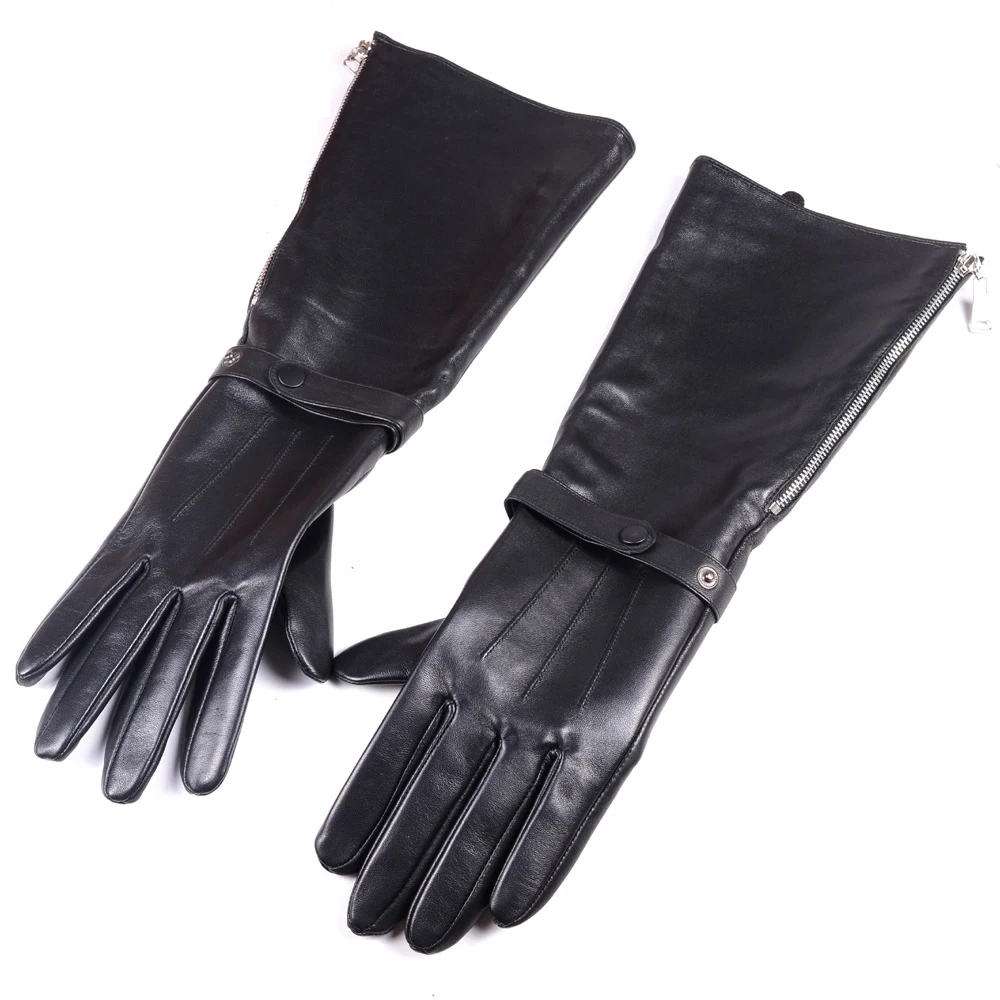 Long Leather Glove Men Winter Sheepskin Defense 40cm Opera Mitt Male Side Zipper Three Lined Fullfinger Handmuff Luva De Couro