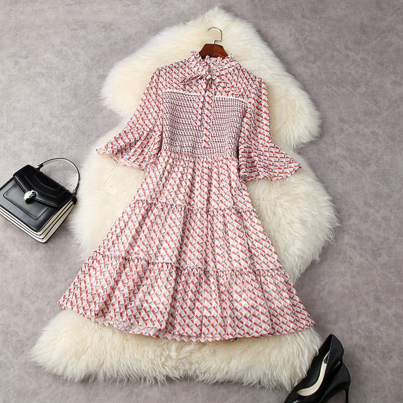 

Women geometric chiffon bow collar kawaii dress spring summer 2021 fashion ruffles cute flare sleeve mini dresses red green