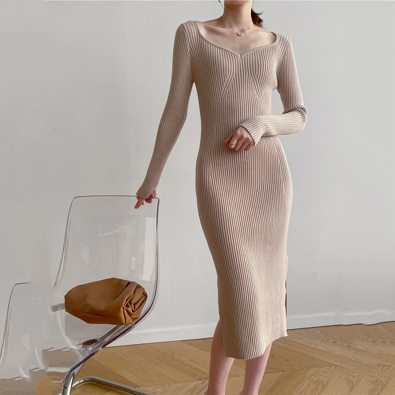 

Autumn Elegant retro V-neck thread slim split knitted dress for womens Winter bottom long sweater dress Office Lady vestidos