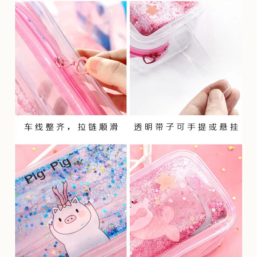 Kawaii Qiuck песок пенал мультфильм Свинья девушки макияж ручка мешок большой емкости прозрачная сумка для хранения школьные канцелярские принадлежности
