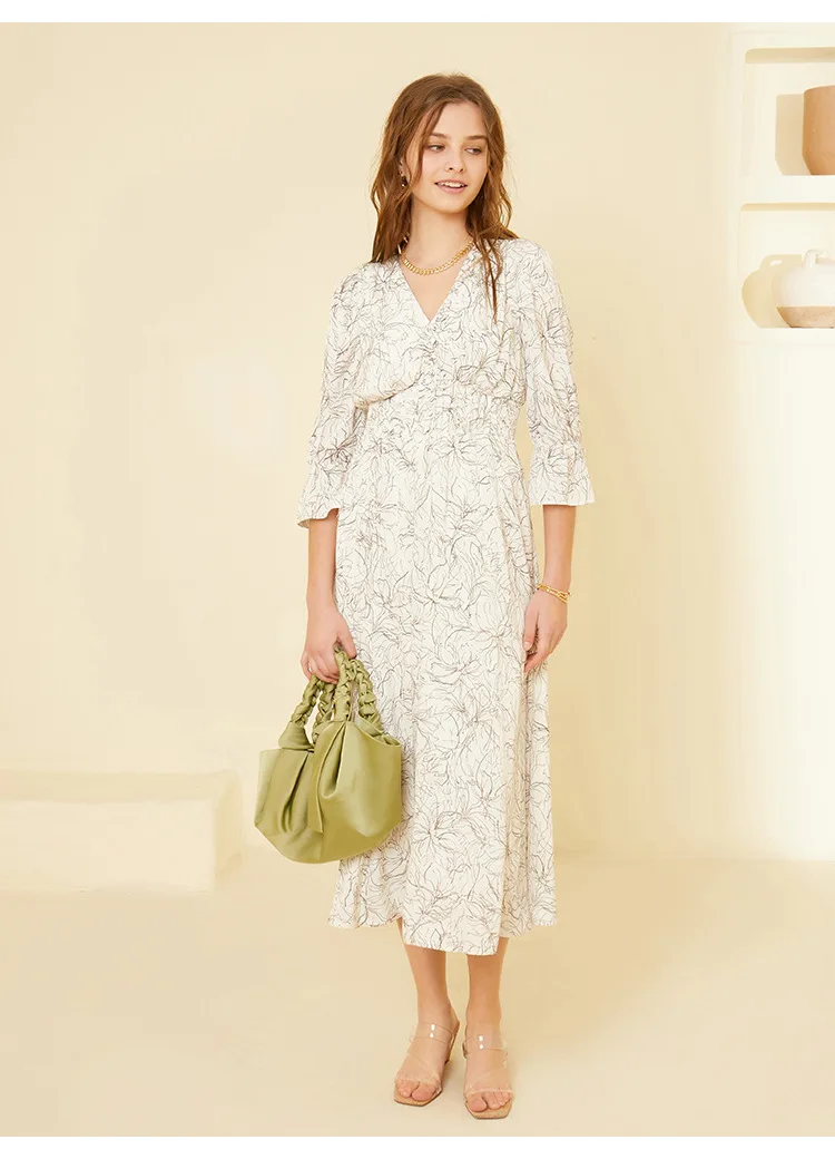 

S family 21 spring new temperament line printing slant breasted dress