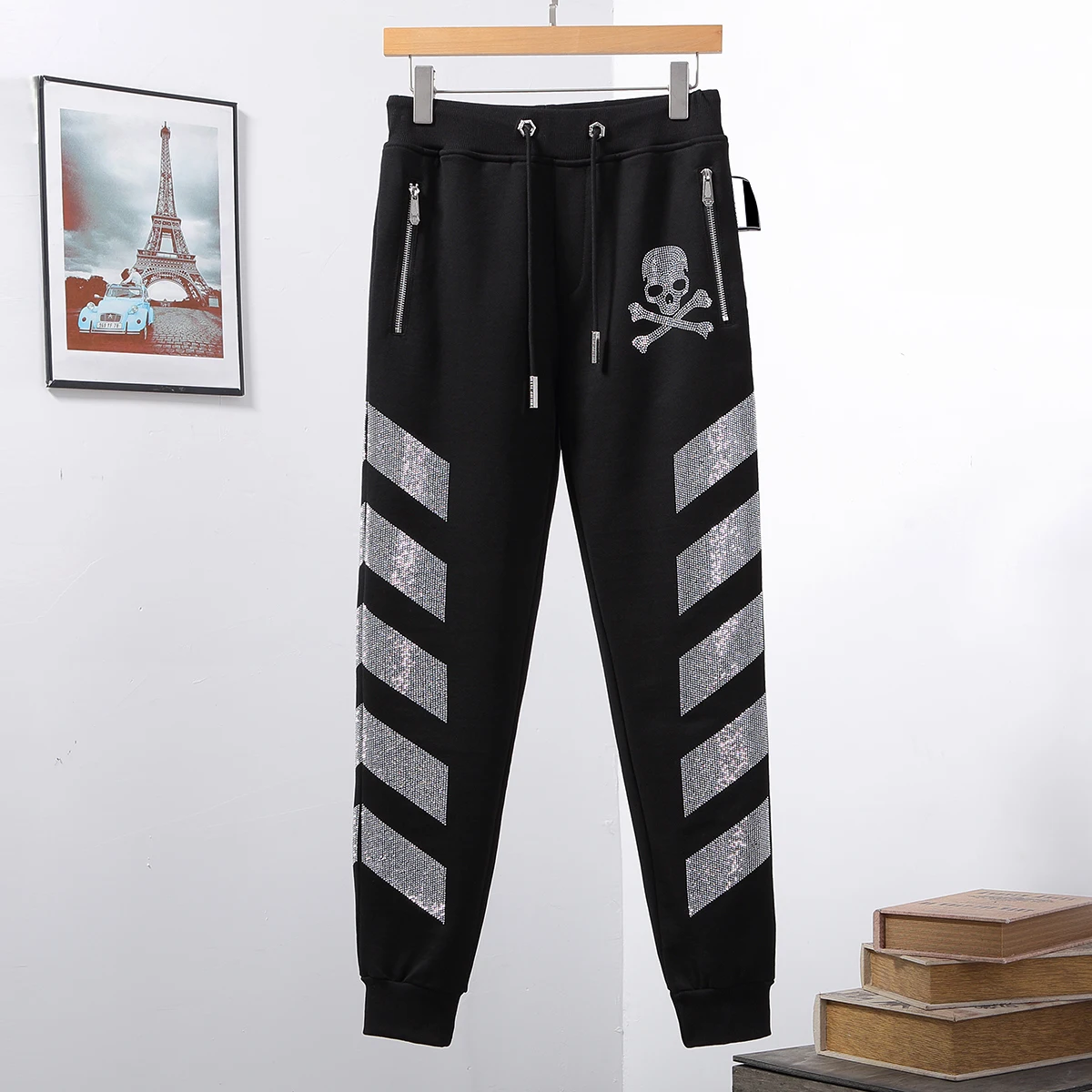 

Men's trousers men's side letters hot drilling long trousers pp sports pants small feet fashion self-cultivation plein trousers