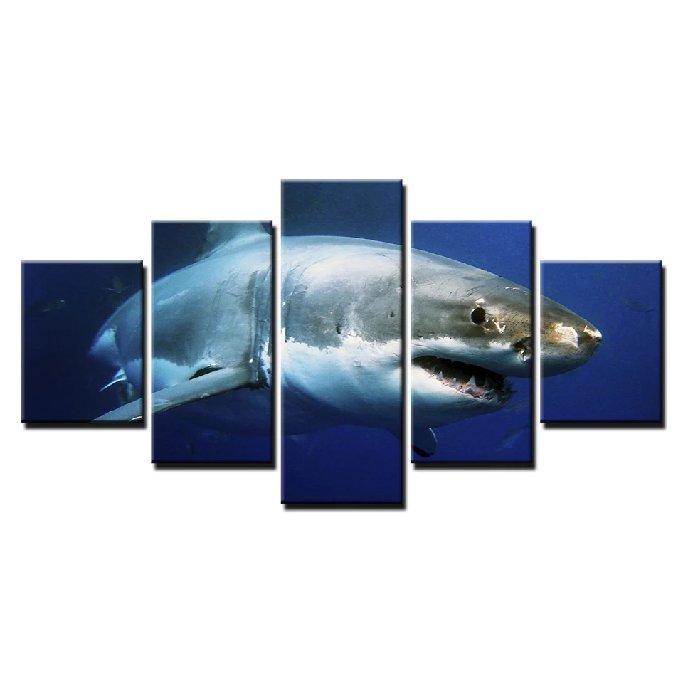

Home Decor Canvas Prints Pictures Wall Art 5 Pieces Blue Ocean White Shark Animal Paintings Living Room Animal Posters Framework