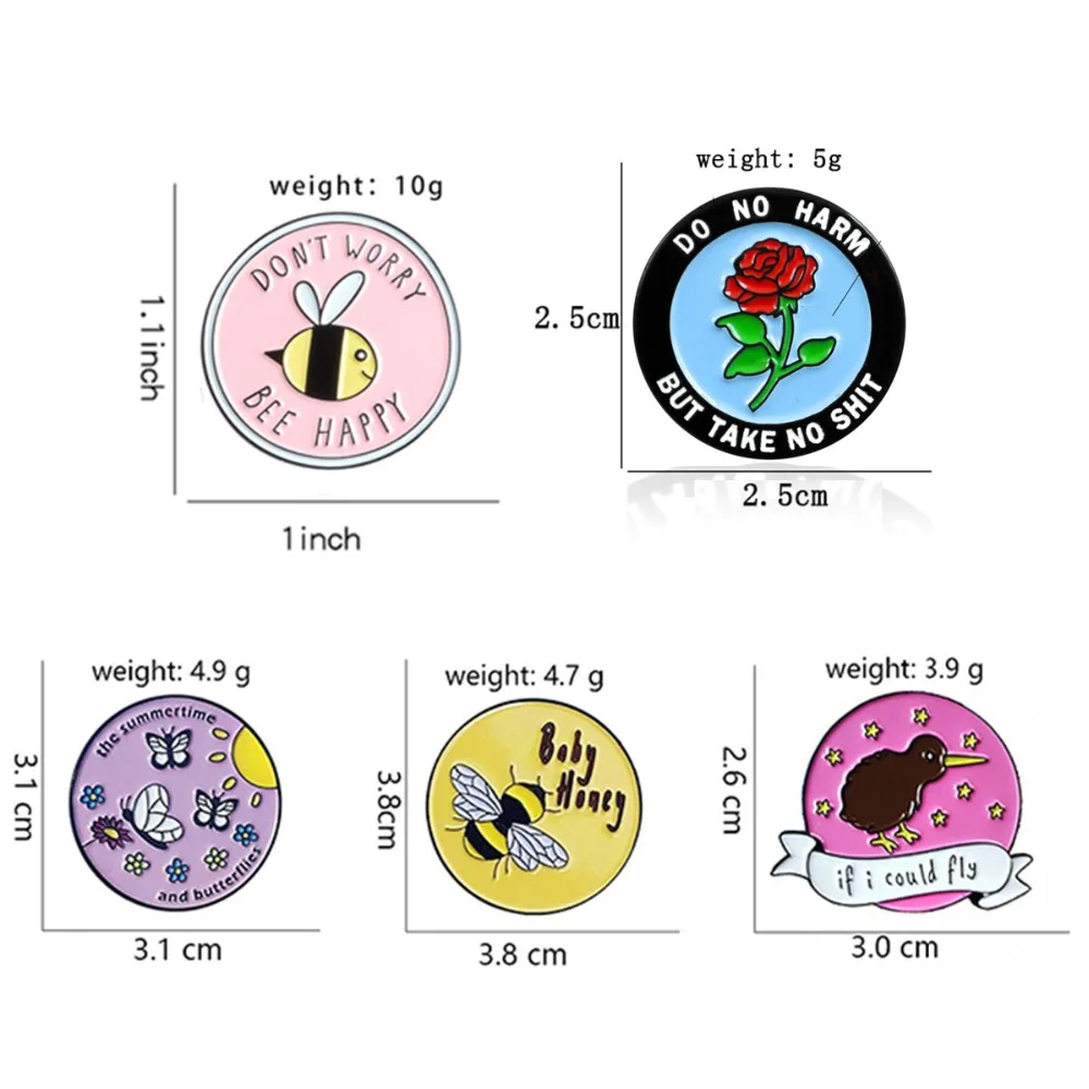 

Pink Round Insect Bee Brooches DON'T WORRY BEE HAPPY Enamel Pins BroochFor Kids Lapel Pin Shirt Bag Badge Broche Bijoux