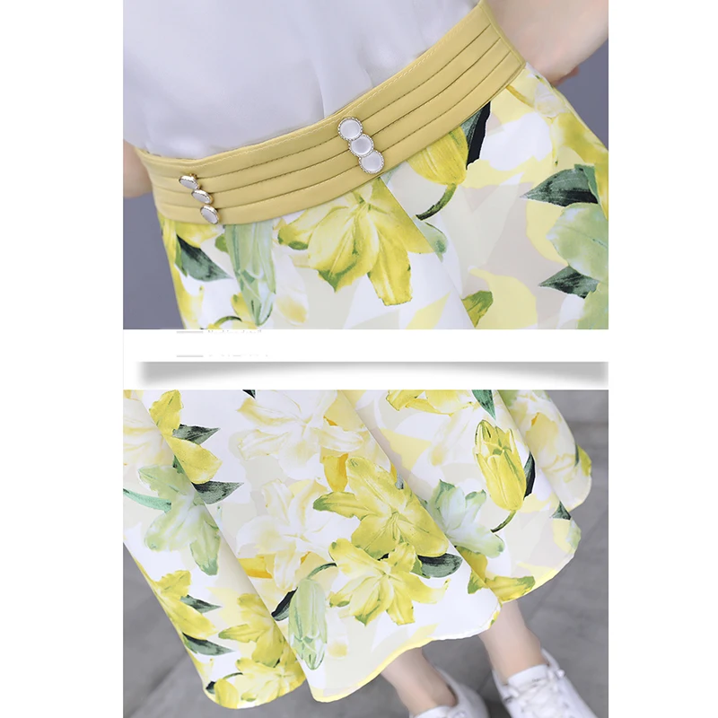 

Casual 2 Piece Skirts Set Women O-Neck Short Sleeve Chiffon Tops Floral Print A-Line Skirt Suits Korean Slim Sets Female LD2029