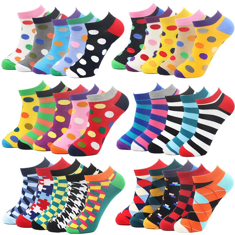 

1 Pair Colorful Geometric Plaid Striped Socks Men Happy Cotton Ankle Funny Men Short Summer Casual Socks Business Men's Socks