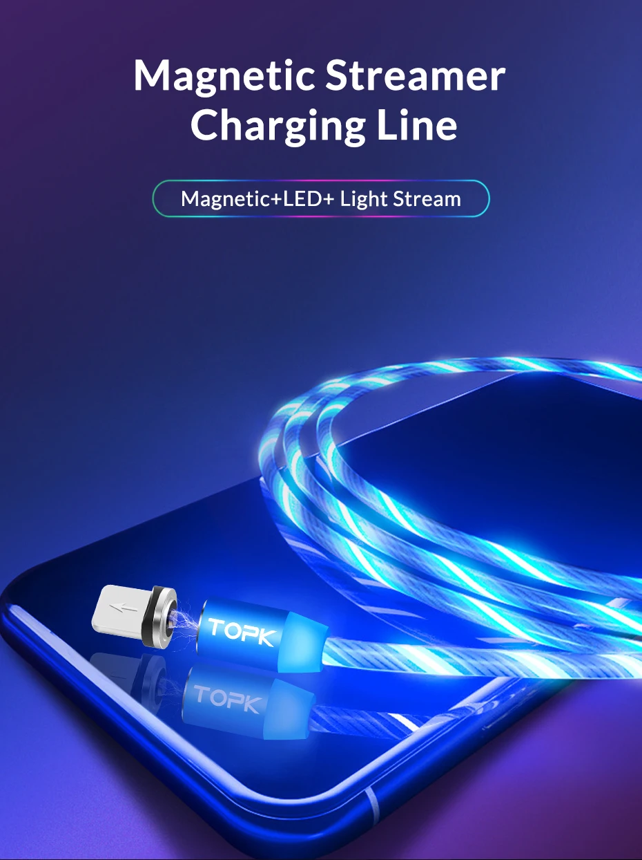 TOPK Flow светящийся Магнитный кабель Micro usb type C для iPhone XR Xs MAX 8 7Plus 5 магнитное зарядное устройство кабель для быстрой зарядки USB-C