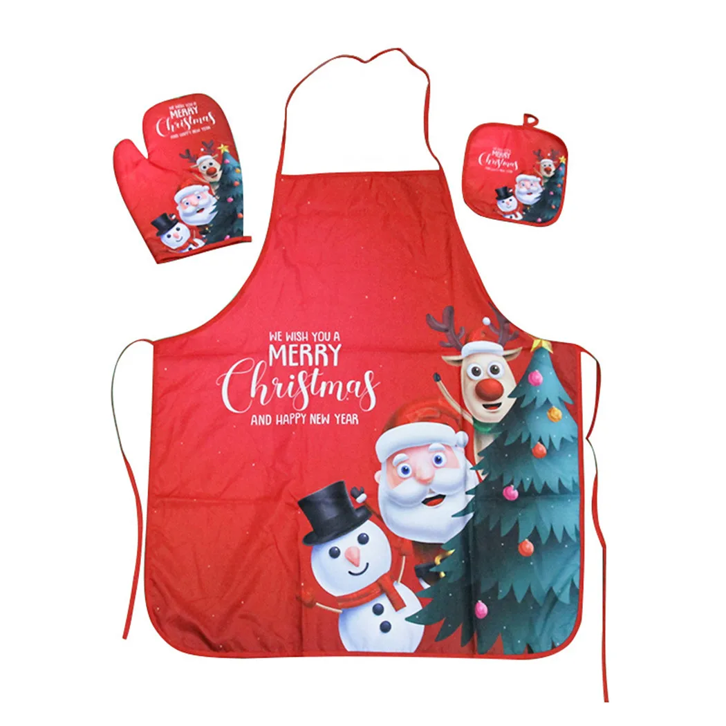 

3pcs/Set Christmas Santa Cooking Apron With Insulation Oven Glovean&Mat Kitchen Home Fabric Apron For Outdoor Barbecue Party