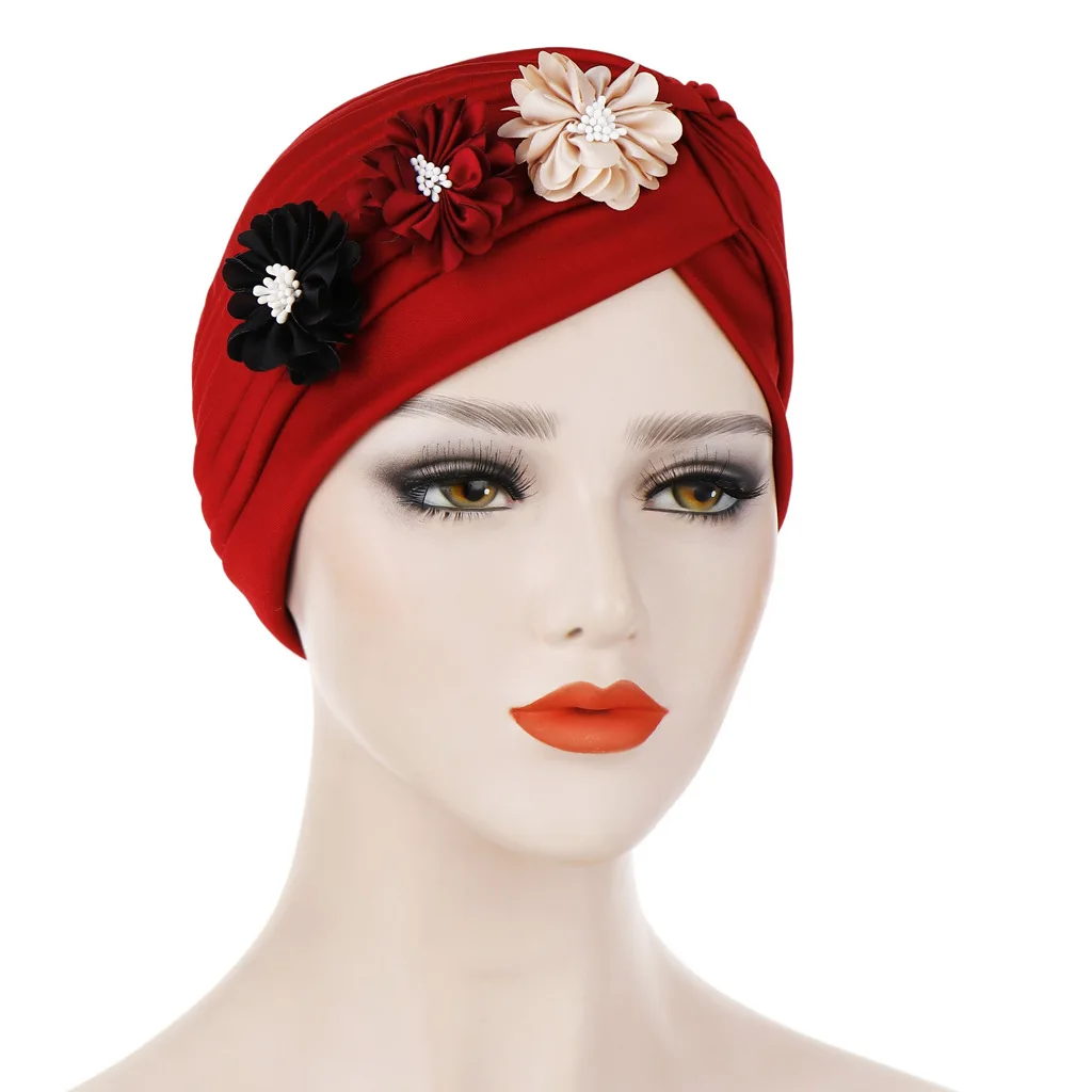 

Fashion flower muslim turban crinkle Inner hijab caps Indian hat solid cotton Islamic wrap underscarf cap hijab bonnet for women