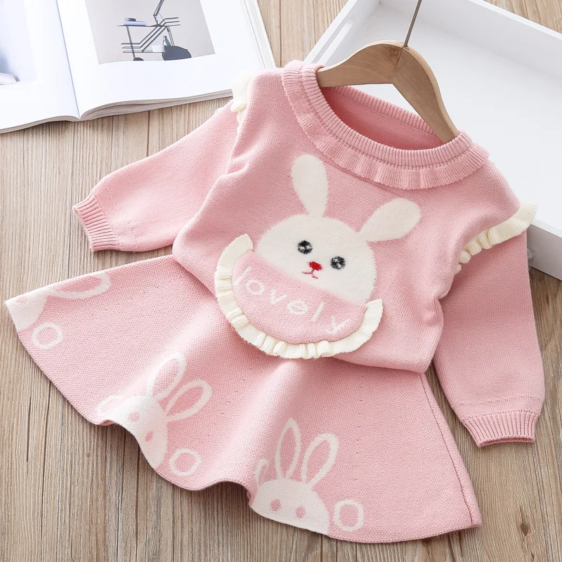 Baby girl clothes autumn and winter sweater dress two-piece cartoon cute rabbit warm knitted suit | Детская одежда и обувь