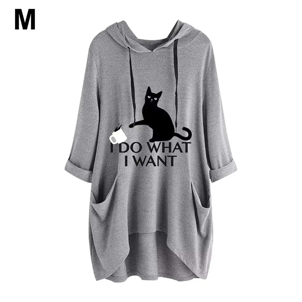 Oversized Sweatshirt Harajuku Cat Print Top Blouse Women Cute Ears Pockets Loose Hoodies Plus Size Hoody Pullover Sudadera Mujer plus size square neck pockets design pullover