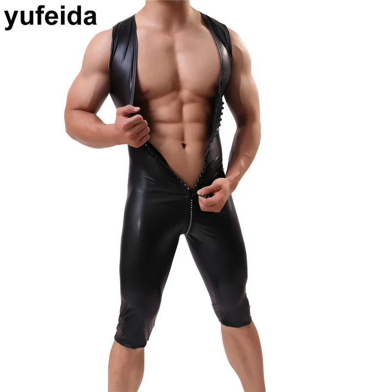 PU Leather Men Undershirts Catsuits Zipper Jumpsuits Bodysuits Wrestling Singlet Leotard Black Wet Look Stage Dance Clubwear