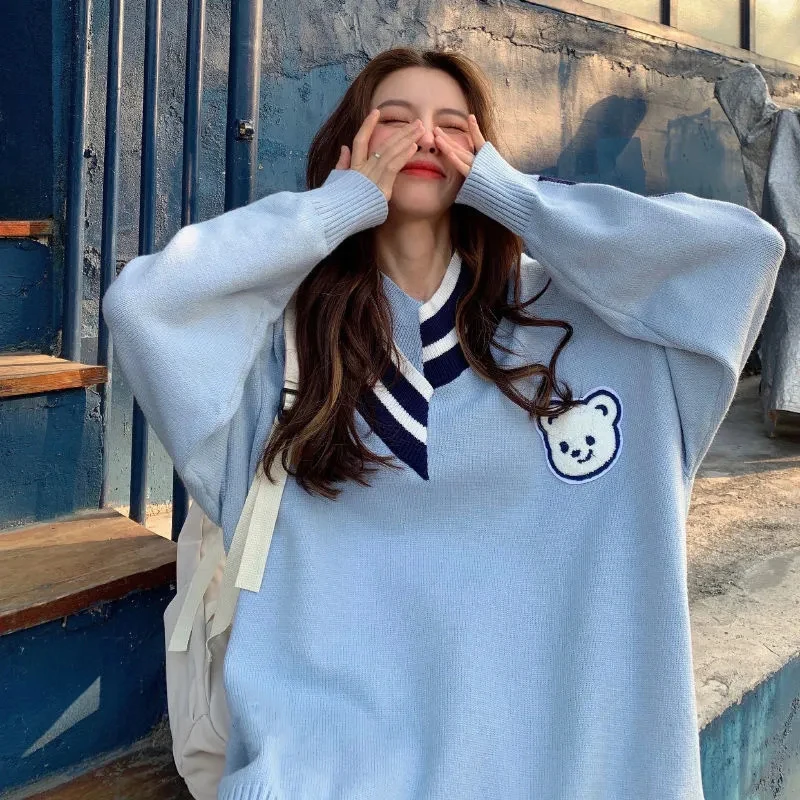 

2021 Korean V-neck Sweaters Pullover Women New Fashion Sweet Loose Blue Knitwear Sweaters Autumn Winter Warm Thick Woman Sweater