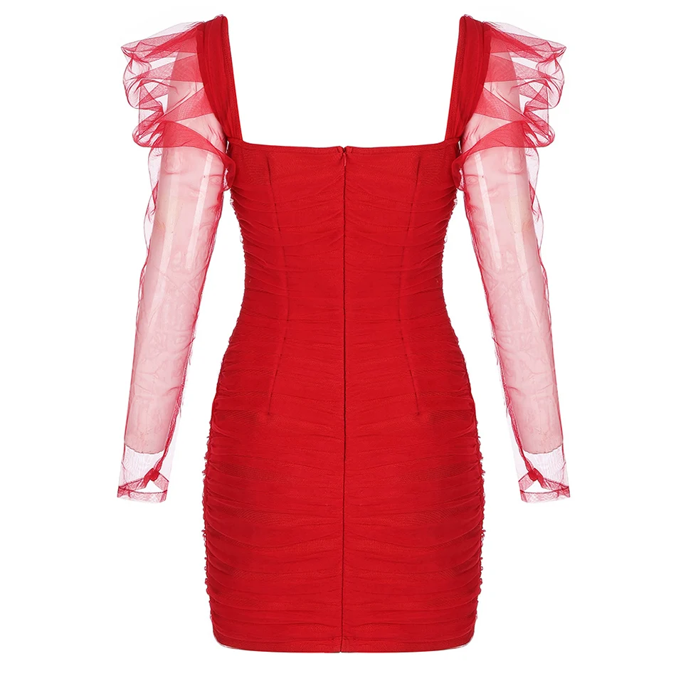 

2020 New Summer Women's Sexy Red Long Sleeve Mesh Patchwork Bandage Dress Bodycon Club Celebrity Runway Mini Dress Vestidos