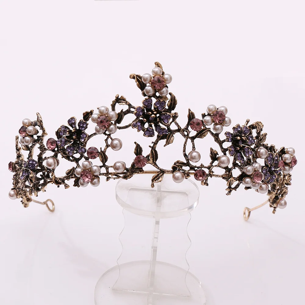 Baroque Vintage Black Purple Crystal Pearls Bridal Tiaras Crown Rhinestone Pageant Diadem Veil Tiara Wedding Hair Accessories