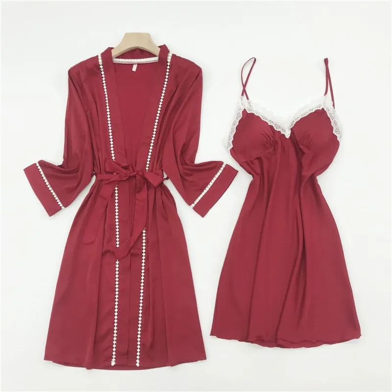 

Women 2PCS Sleepwear Lace Trim Robe Set Summer Satin Kimono Gown Female Nighty&Robe Set Casual Sleep Set Home Dressing Gown