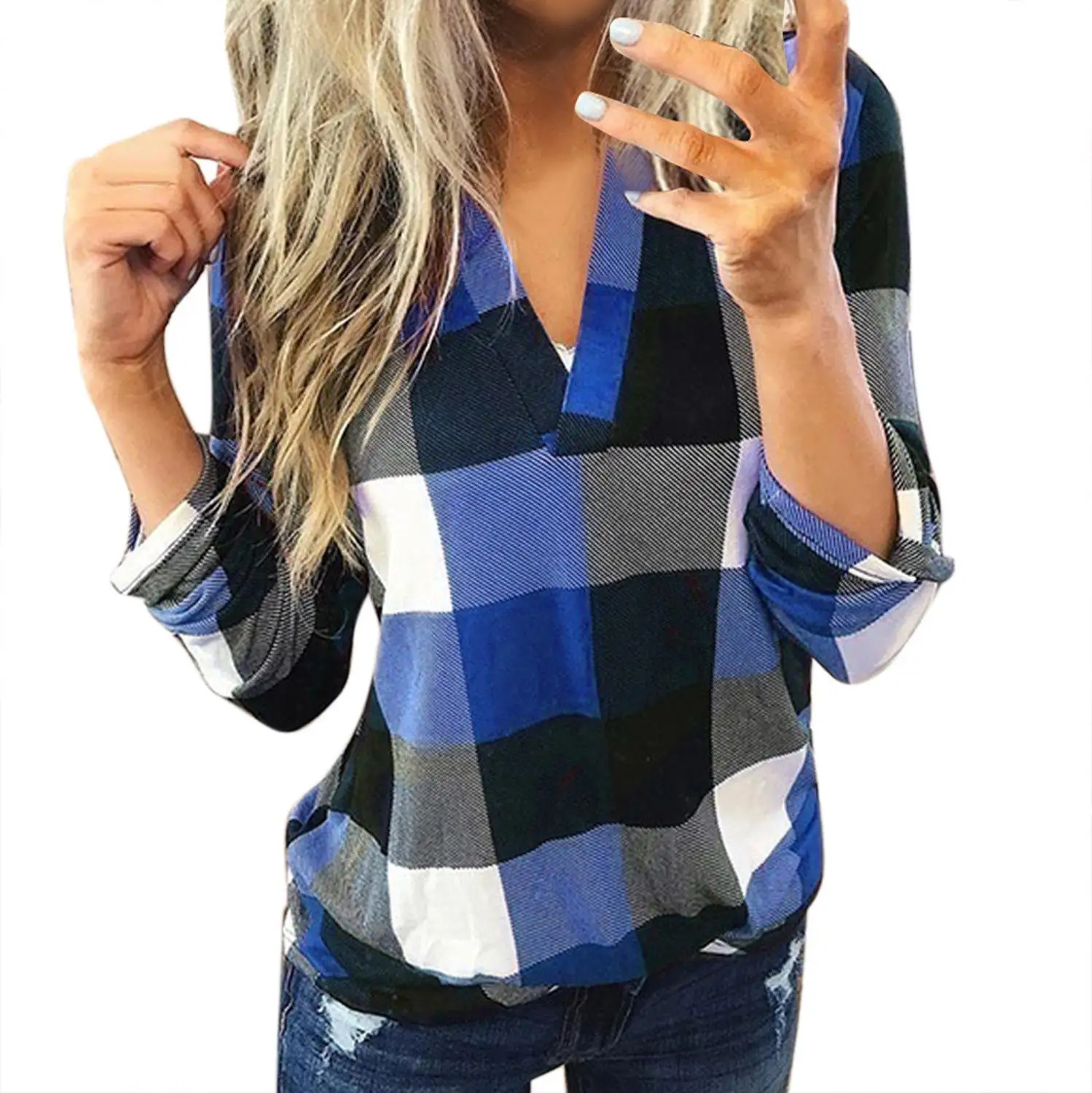 2021 Hot Womens Blouses Plus Size Spring Women's Plaid Blouse Shirts Sexy V Neck Female Lady Tops | Женская одежда