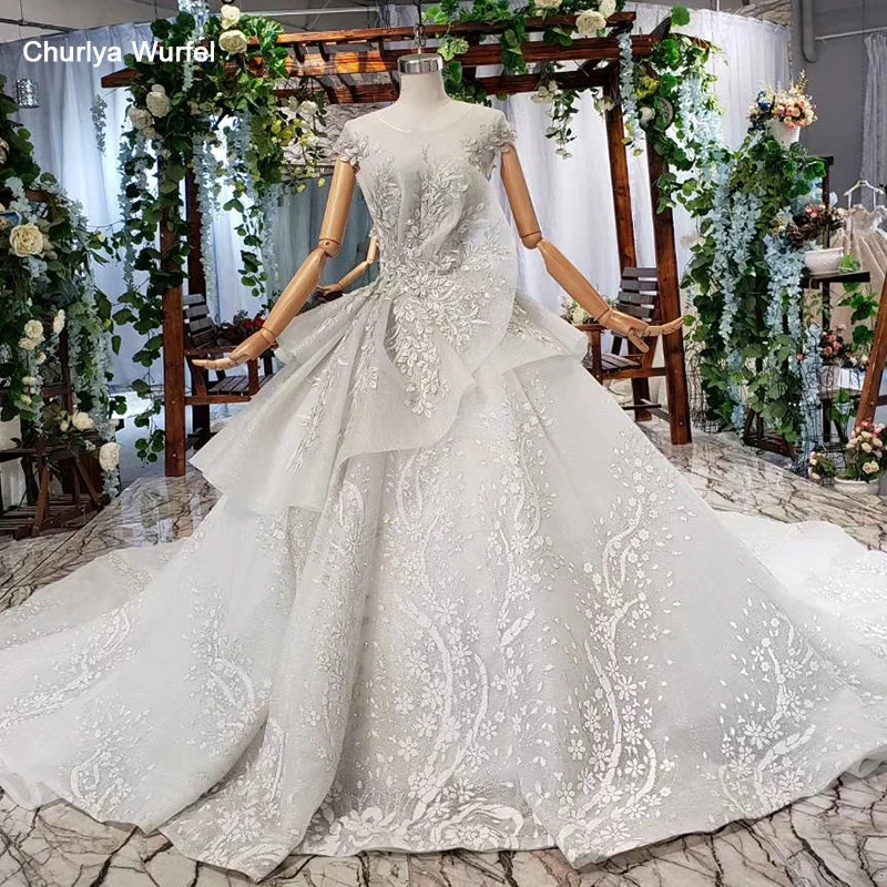 HTL788 роскошное свадебное платье со шлейфом круглым вырезом аппликацией шапка с