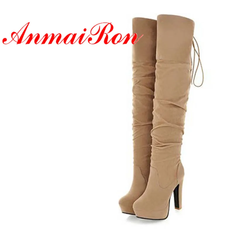ANMAIRON новые модные стильные высокие сапоги выше колена для женщин из флока с