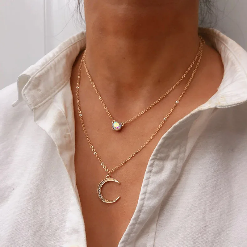 

Fashion Moon Pendant Double Necklaces Bracelet Rhinestone Women's Necklaces Necklace Collarbone Chain Valentine's Day Gift