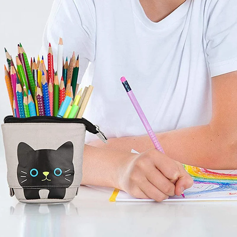 

2 Pcs Stand Store Pencil Holder Cat Telescopic Pencil Organizer Cosmetics Pouch Makeup Bag Stationery Pen Case Box