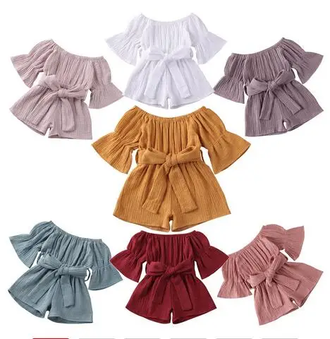 

6M-5Y Kid Baby Girls Short Sleeve Off Shoulder Romper Solid Jumpsuit one piece Bow Playsuit Girls Summer Clothing 7 colors