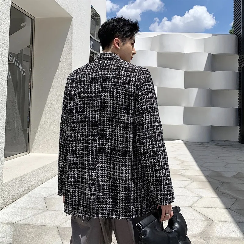 

Qualities Autumn British Mens Casual Tassel Plaid Blazers Long Sleeve Double Breasted Lapel Loose Fit Male Medium Length Blazer