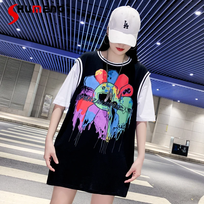 

2021 Summer Ladies Fake Two-Piece Color Matching Short Sleeve T-shirt Women's Loose Western Style High Street Printed Top Tees