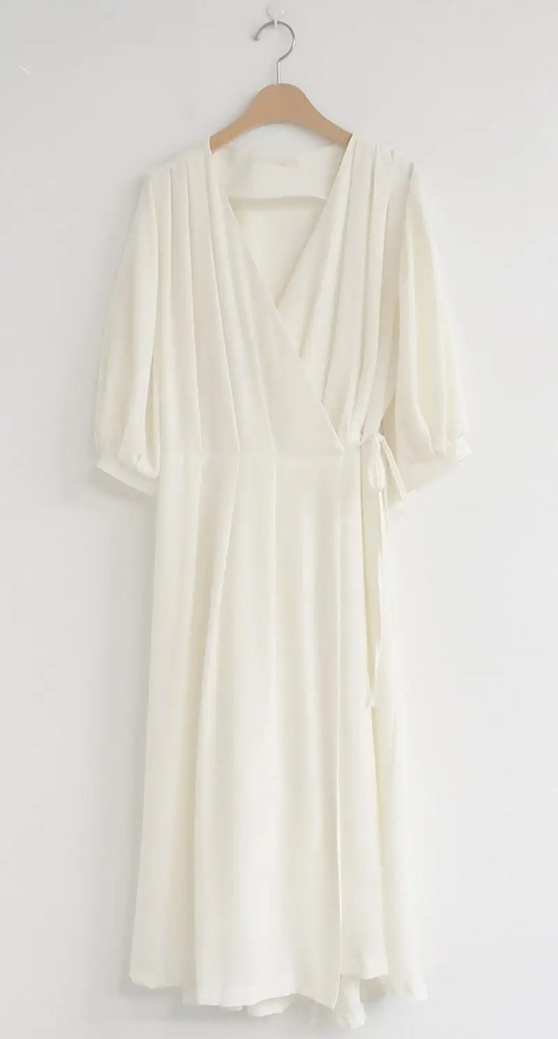

Korean Wrap Summer Cotton Dress Women Ladies Dresses Vintage Puff Sleeve Elegant Long Woman Dress 2021 New Vestido Blanco Largo