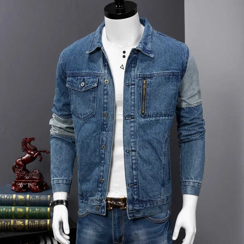 

Fashion Men's Blue Patchwork Denim Jacket Casual Loose Cargo Coat