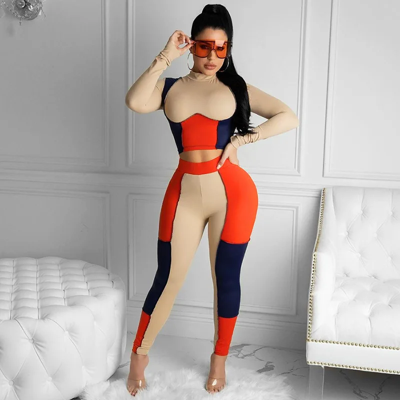 

Casual Patchwork Skinny Two Piece Set Women Autumn Mock Neck Crop Top+Stretchy Legging Matching Outfit Female Streetwear 2021