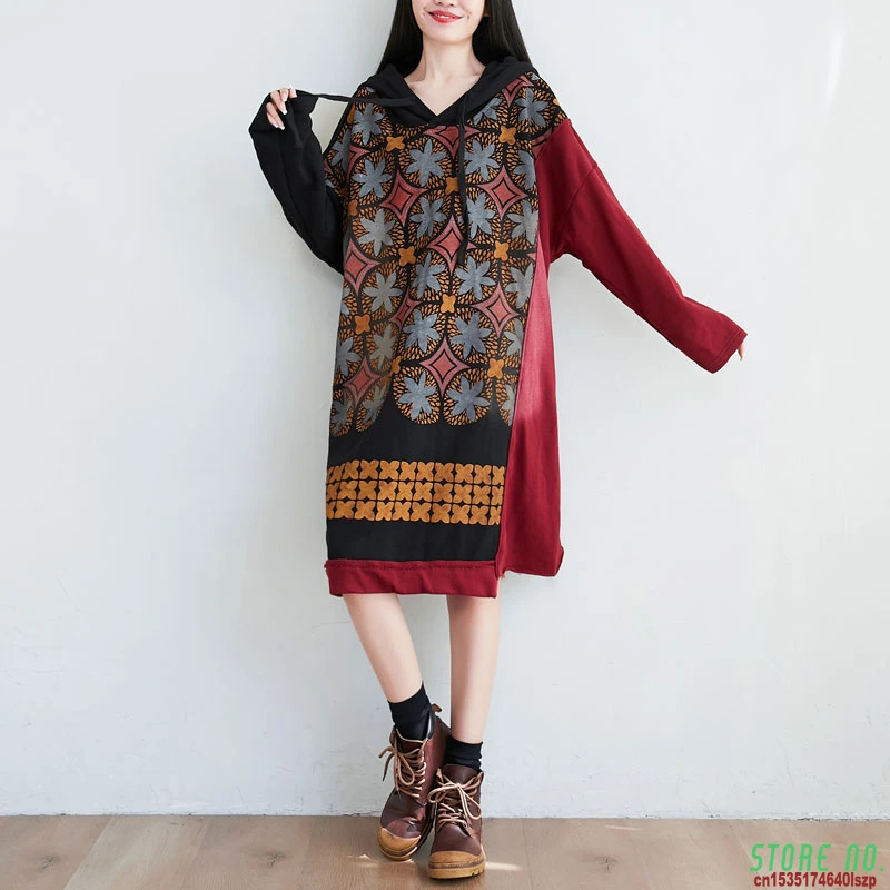 

Loose Knitted Cotton Dresses Women Autumn Print Bat Sleeve Dress Oversized Irregular Hooded Dress Plus Size Vintage Baggy Dress