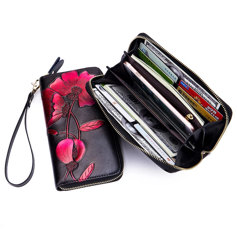 8PCS / LOT Women Long Leather Zipper Wallet RFID Fashion Lady wallet Flower Vintage Floral Wallet