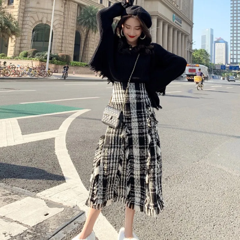 2019 женский модный черный пуловер с круглым вырезом свитер + твидовая клетчатая