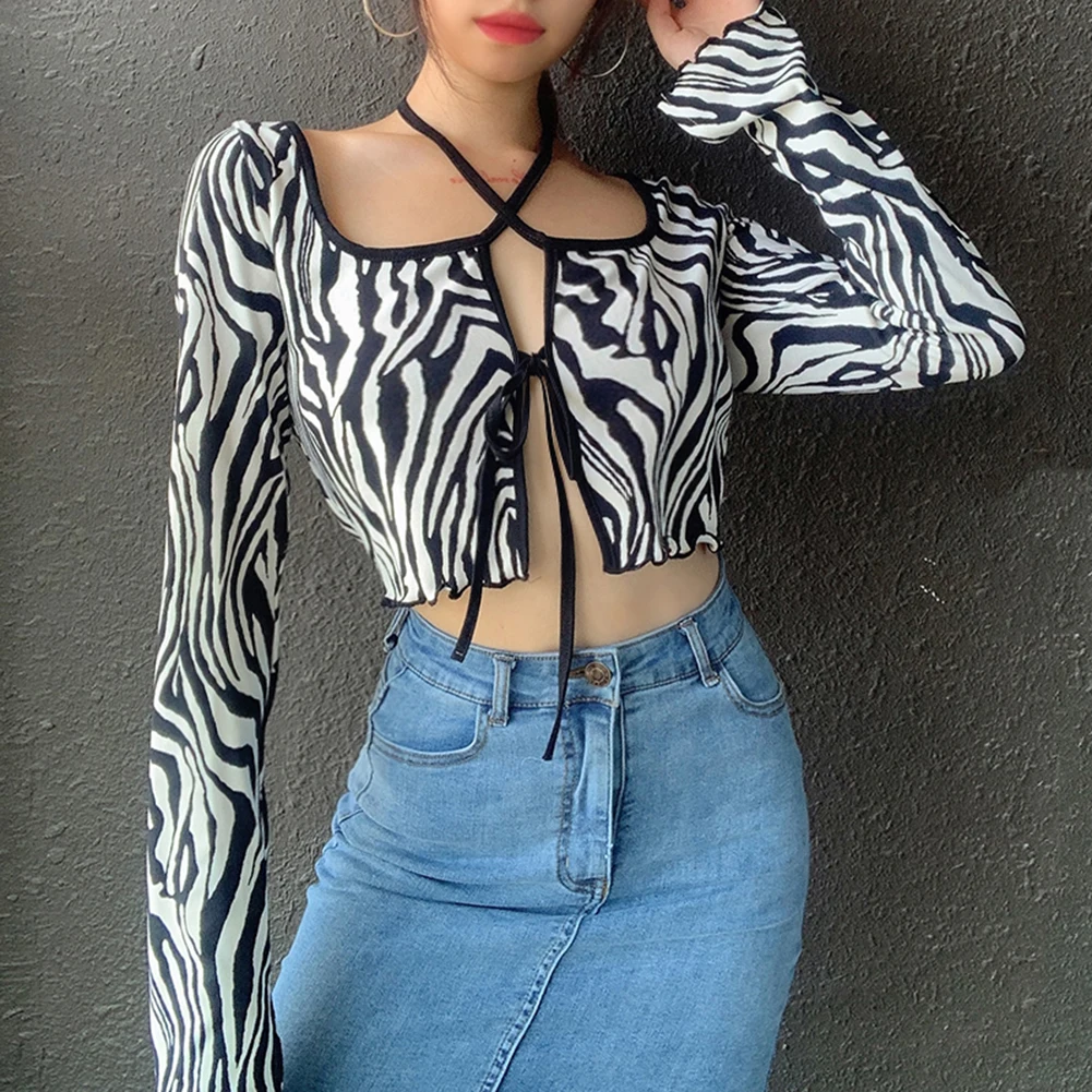 Женская Осенняя Футболка с принтом зебры уникальный укороченный Топ длинным