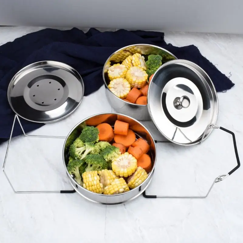

Stainless Steel Dual Layer 2 Lid Stackable Steamer with Handheld Clamping Frame