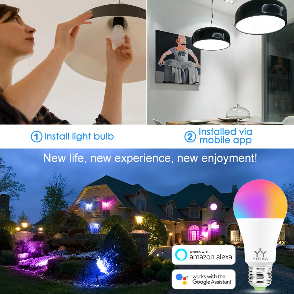

YITIKA Smart WiFi Light Bulb, 9W RGB Dimmable E27 WiFi LED Magic Lamp AC 110V 220V Work With Alexa Google Assistant