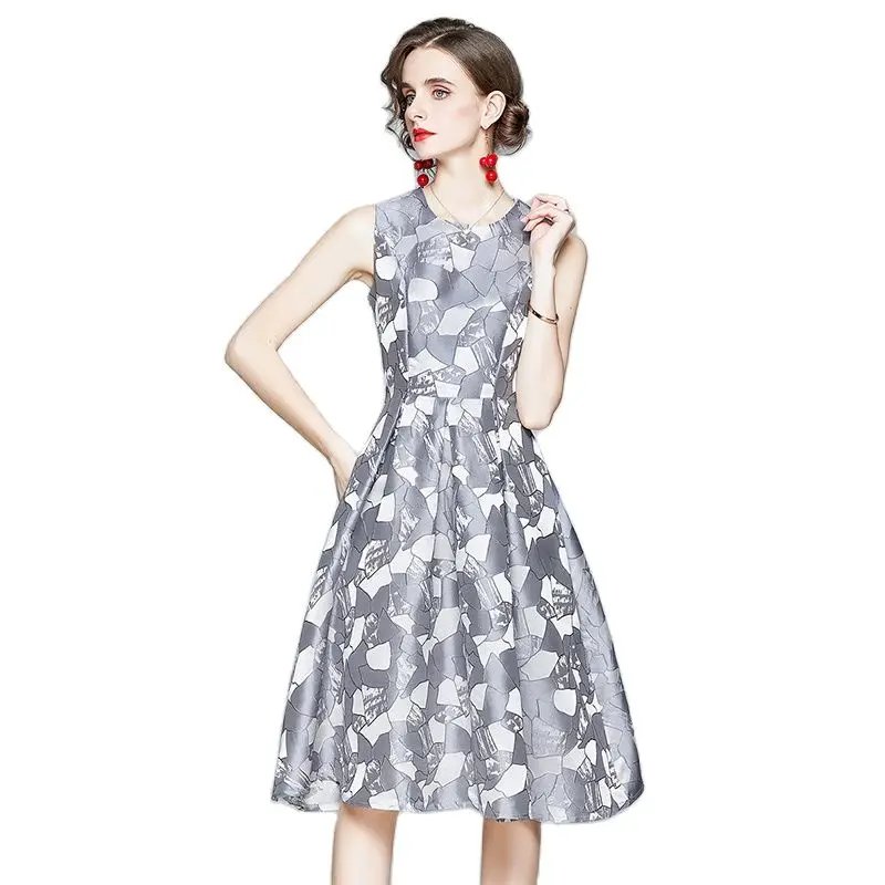 

Тонкое Платье-туника, Женская Летняя мода, новый элегантный жилет без рукавов, средней длины, жаккардовые платья, Женская Высокая мода, повс...