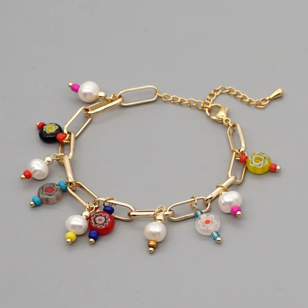 

Trend New Color Stainless Steel Bracelet Baroque Natural Freshwater Pearl Glass Flower Bead Wrist Jewelry