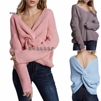 2021 autumn and winter new solid color pullover womens knit sweater round neck double sided open back cross sweater women