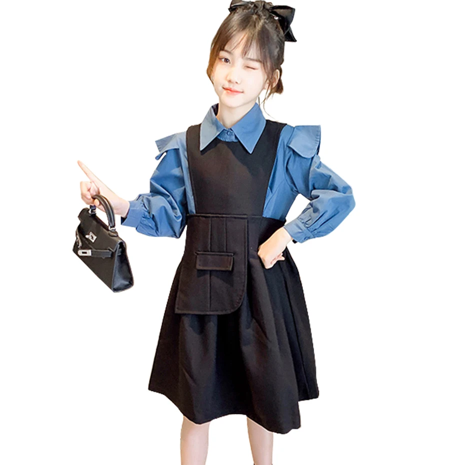 Одежда для девочек Блузка + платье Школьный костюм Однотонная детская одежда
