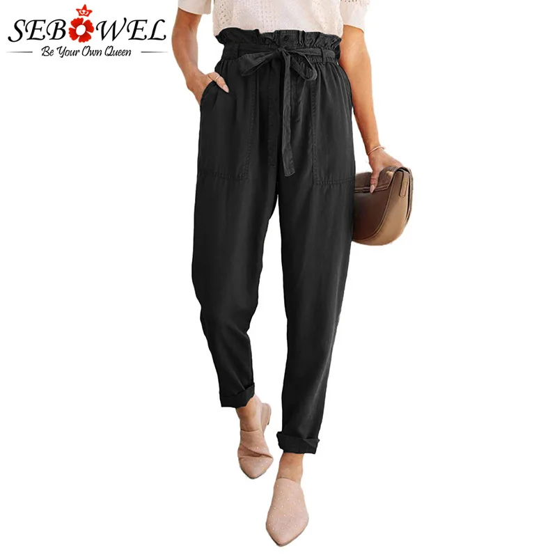 

SEBOWEL Casual Women's Paperbag Waist Pants Fashion Lady Ruffled High Waist Elastic Waistband Trousers With Sashes Big Pockets