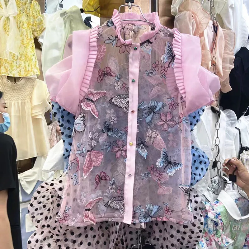 

Summer Top Shirt New Machine Embroidery Three-Dimensional Butterfly Short Sleeve Slim Fit Lady Sexy Blouses Blusas Mujer