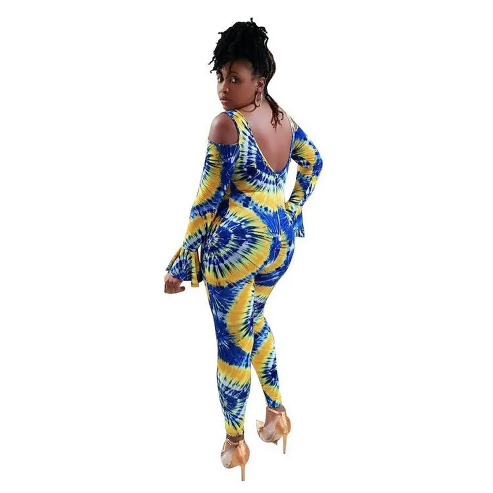 

Tie Dyeing Print Skinny Party Jumpsuit for Women Long Flare Sleeve Backless Bodycon Overall Autumn Ladies Off Shoulder Bodysuit