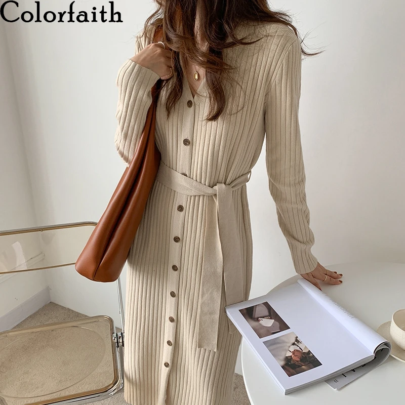 

Женские длинные платья Colorfaith, винтажные вязаные платья на шнуровке с v-образным вырезом и пуговицами в Корейском стиле, Осень-зима 2020, DR1206JX